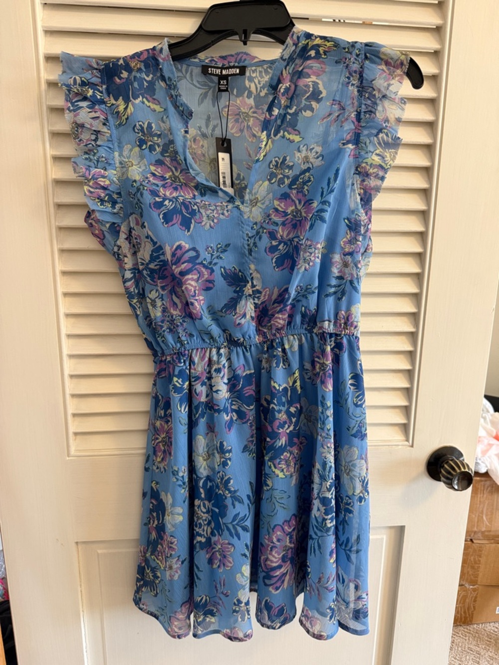 Steve Madden Blue Floral V-Neck Ruffle Dress